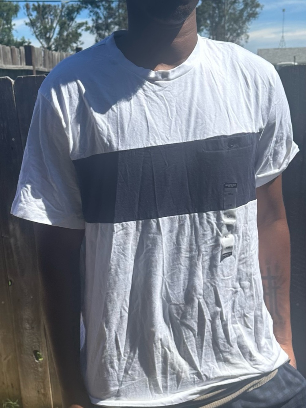 Kenneth Cole White Tee with Black Horizontal Stripe Pocket